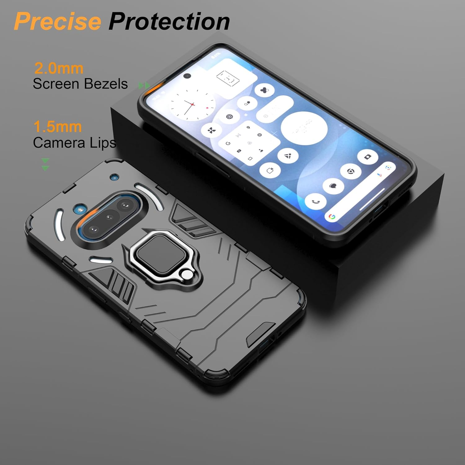 ESTH Compatible with Nothing Phone (3A) Case with 2 Pieces Protective Film [Durable] Ring Stand Case [For Mobile Phone Holder Car Magnet] Military Shockproof Mobile Phone Case, Black image number 7