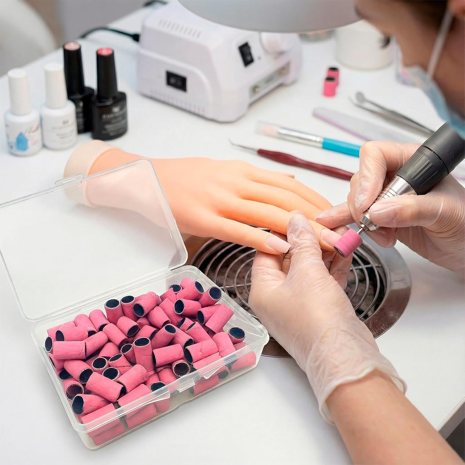 BGENHPON Sanding Bands for Nail Drill 100Pcs 180 Grit Nail Sanding Band Pink with 2 Pieces 3/32 Inch Nail Drill Bits and Box for Beauty Salon Accessories Manicure and Pedicure Tools image number 2