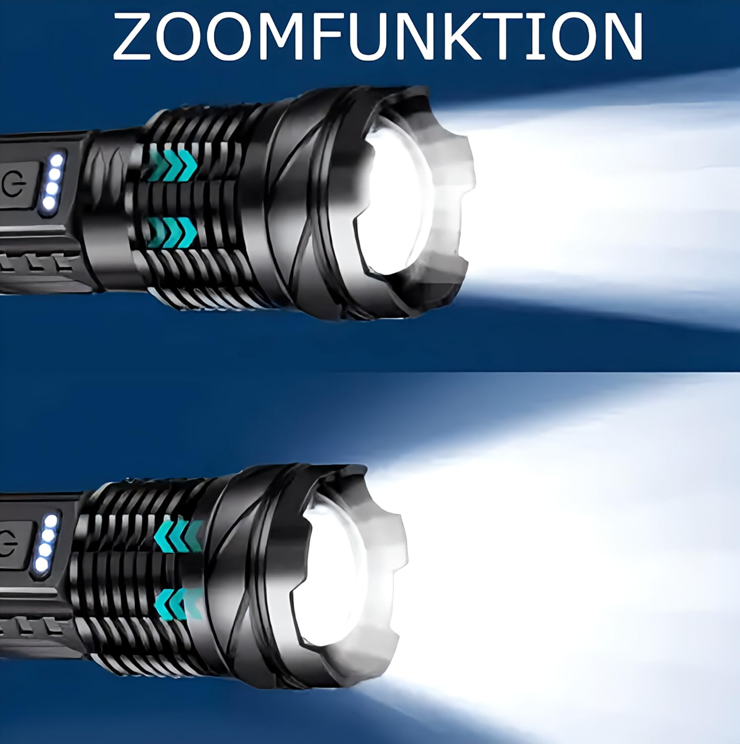 LED Torch with Zoom, Extremely Bright, Effective Beam Range 200 M+, Side White COB Light, Red/Blue Strobe, Hand Strap, Belt Clip and Integrated USB-C Rechargeable Battery image number 4