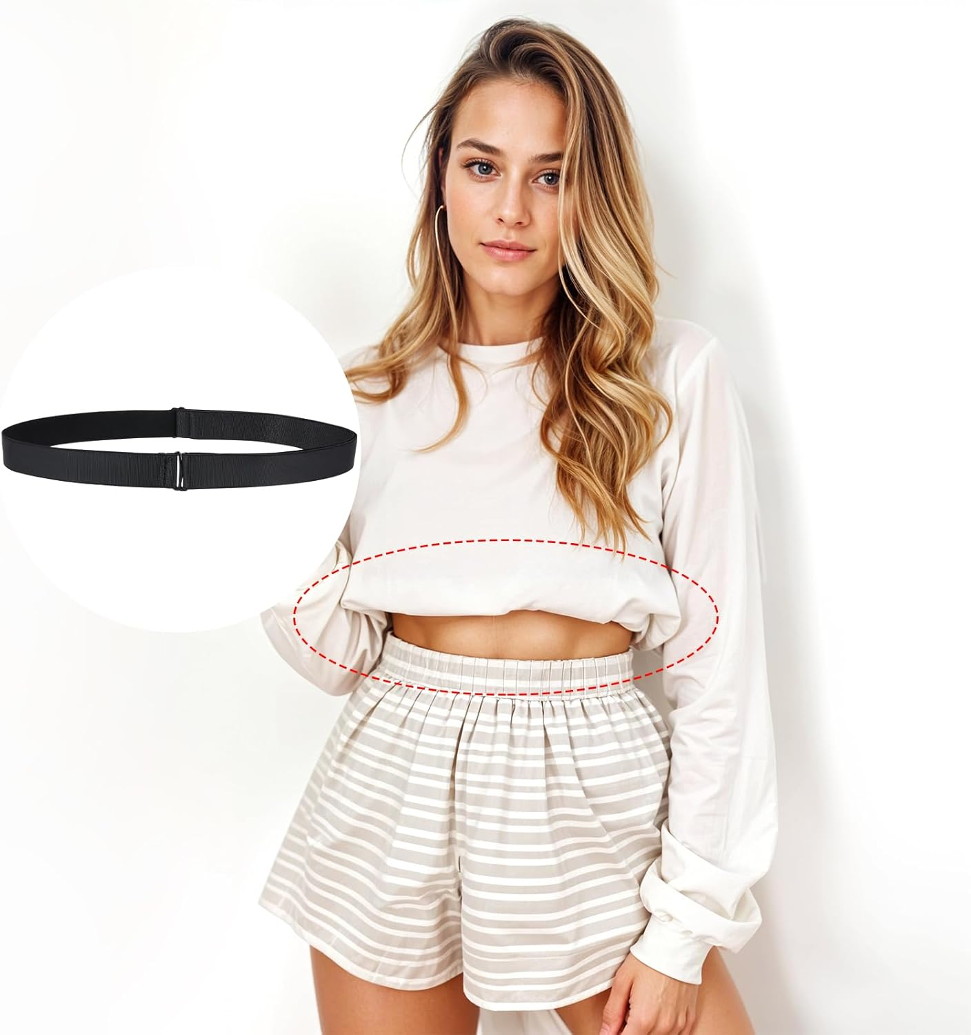 Qianyu 2 Pcs Crop Top Tuck Waist Band Womens Elastic Belt Adjustable Crop Shirt Tuck Band Invisible Stretch Belt Tucking Sweater Tuck Band Flat Buckle Waist Belts for Women Change Style of Tops image number 3