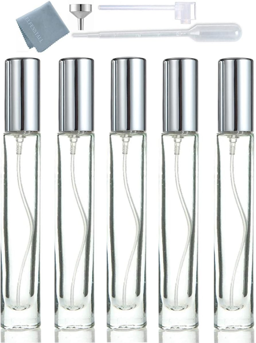 Elfenstall - 5Pcs 10Ml 1/3Oz Silver Metal Spray Thick Bottle for Refill Perfume Hydrating Fragrance Fine Mist Atomizer Cosmetic Container Party Makeup Tool Travel Sample