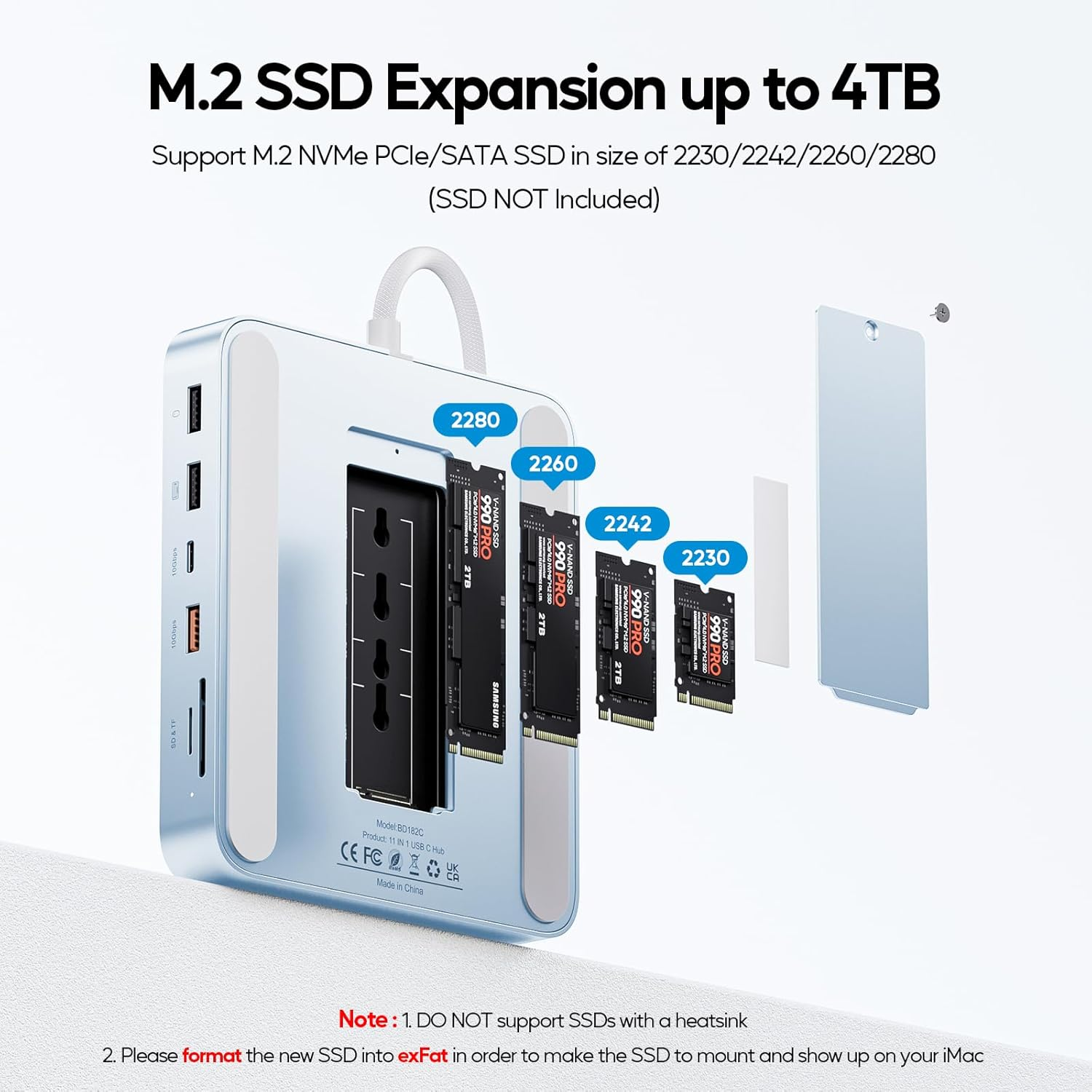 PULWTOP 11 in 1 USB C Hub for Imac 24 Inch 2021 2023 2024 USB Hub Docking Station Support M.2 SSD (NOT Included), Imac M1 M3 M4 Accessories, 4K HDMI, 2.5G Ethernet, 5 USB A/C 3.2 10Gbps, SD/TF - Blue - Green image number 6