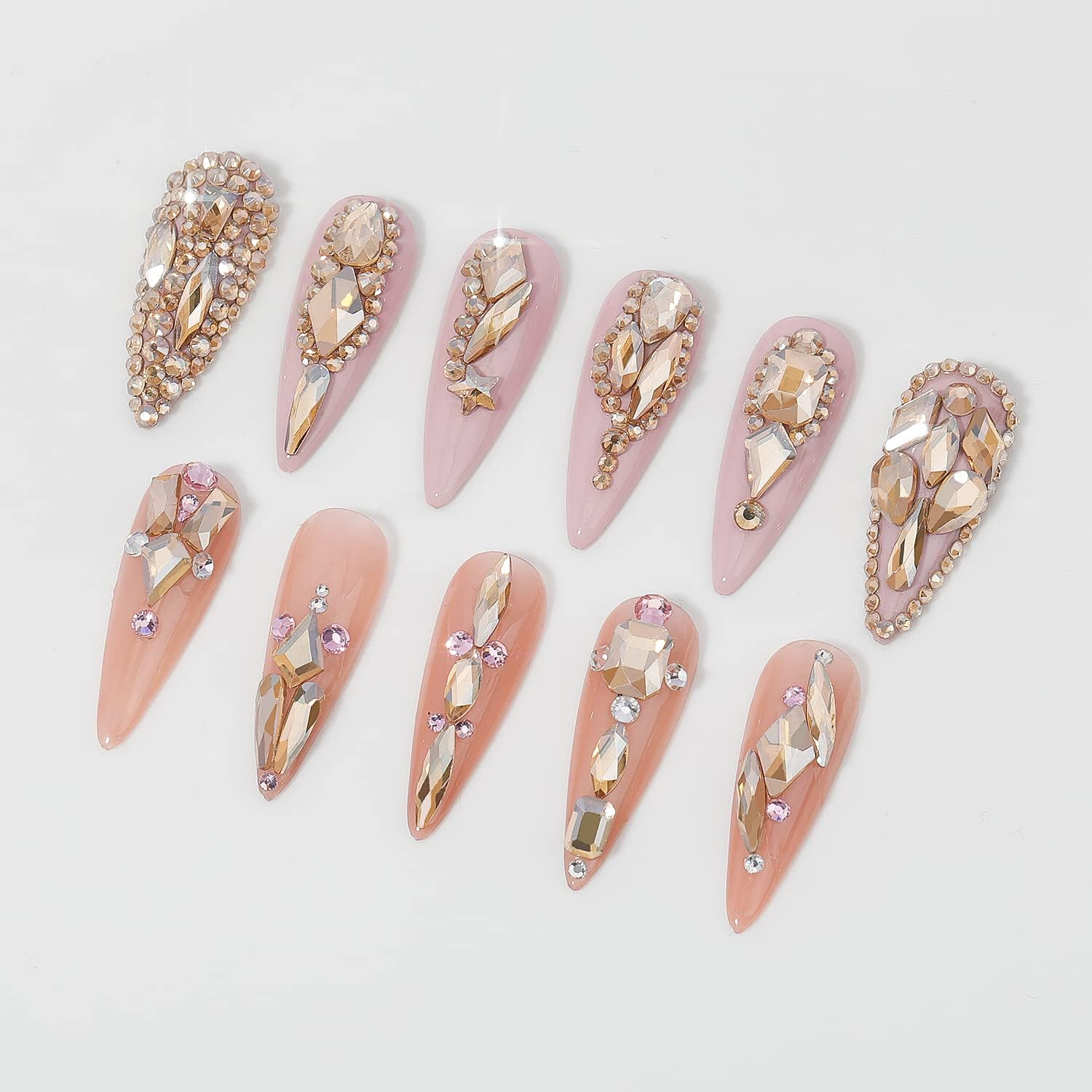 HNUIX Nail Rhinestones - 3D Multi Shape Size Crystal, Champagne Gold Nail Gems, Flat Back, with Kit, for Nail Art, DIY Decorations image number 1