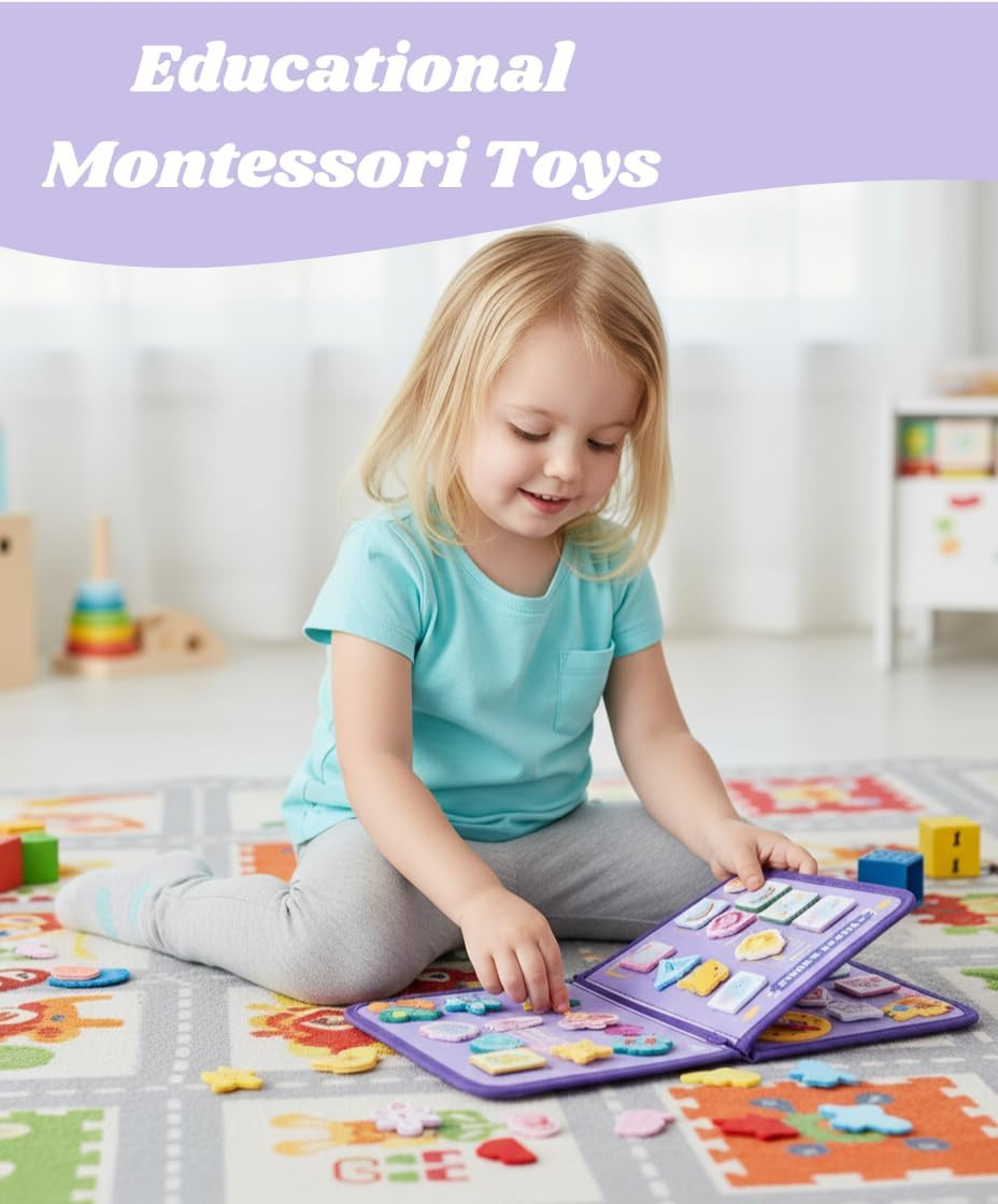 Montessori Busy Book for Toddlers &ndash; Sensory Learning Travel Toys, Busy Board Activity Book for Plane, Car & Preschool &ndash; Educational Birthday 1 2 3 4 5 6 Year Old Boys & Girls (Purple) image number 1