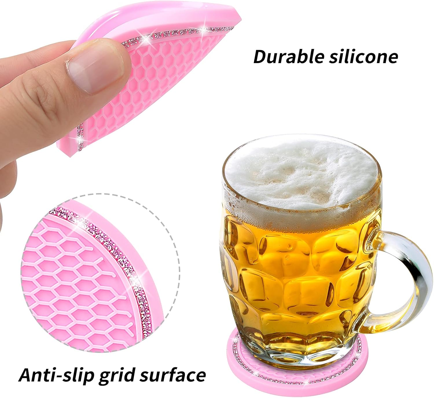 Cup Holder Coasters for Car, Senose Rhinestone Car Accessories for Women and Girl, Universal Anti-Slip Silicone Car Coaster, Diamond Vehicle Interior Decorations (Pink-2 Pcs) image number 2