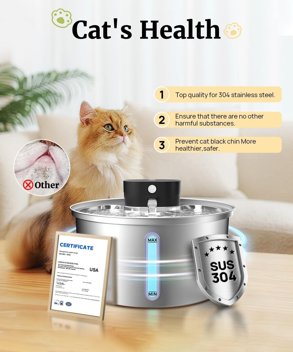 Wireless Cat Water Fountain Stainless Steel, 2024 Upgraded New Sensor - 3 Work Modes,6000Mah Battery Operated Cat Water Fountain Cordless, Pet Water Fountain for Cats Dogs Indoor - 108Oz/3.2L image number 1