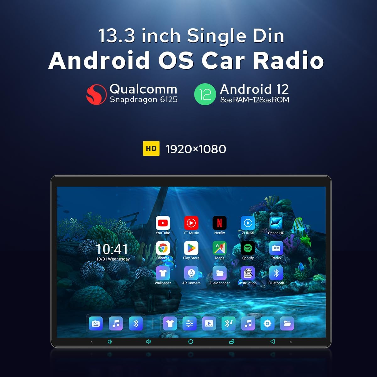 Joying Newest 13.3 Inch Car Radio Wireless Carplay Qualcomm Snapdragon Head Unit Single Din 8GB+128GB Supports Android Auto, Bluetooth, AM/FM, SWC, Coaxial Output, Optical Output(Jy-Uzs13N8) image number 1