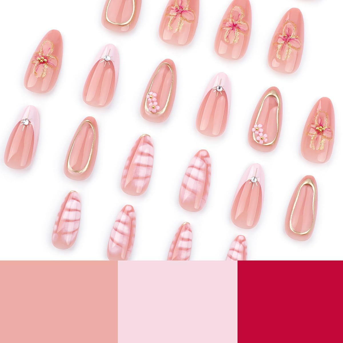 24 Pieces Press on Nails French Short Nails with Soft Gel Short Almond Nails Fake Nails with 3D Flowers & Pearls Adhesive Nails for Women image number 2