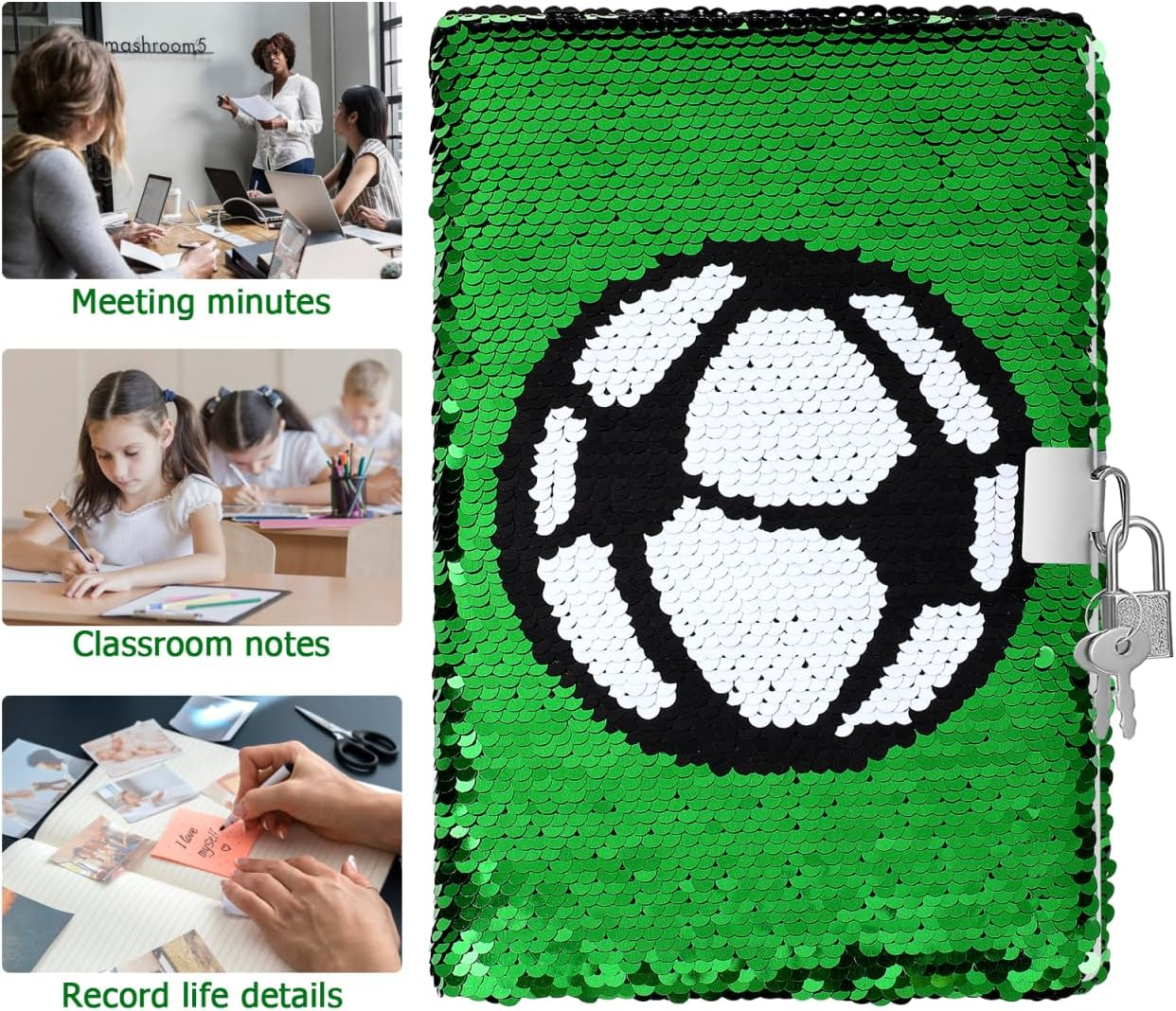 DOITOOL Football Notebook with Lock and Key Sequin Design Boys Diary Secret Diary Journal with Lock Soccer Sport Notebook for Kids image number 1