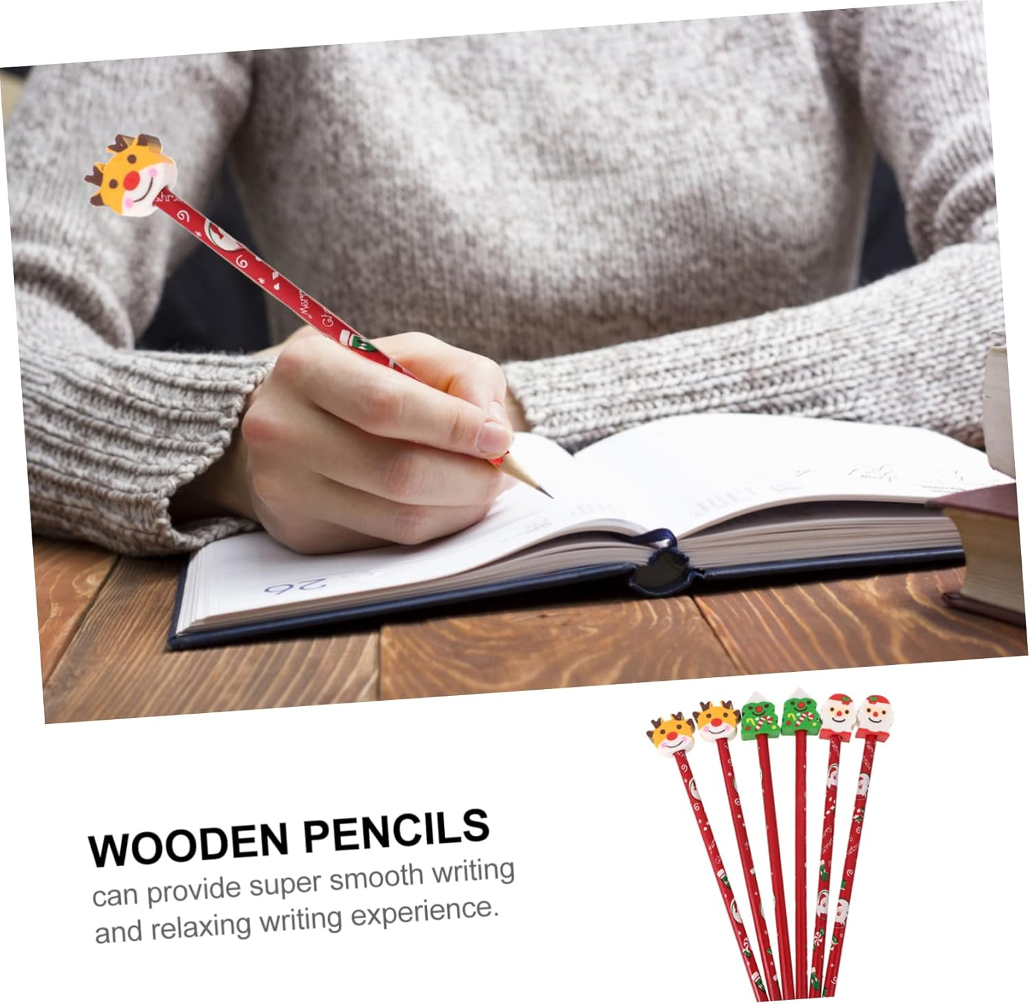6Pcs Christmas Series Stationery Pencils Eraser Cartoon Christmas Pencil for Boys and Girls and Boy Girl'S Learning Supplies Random Style image number 2