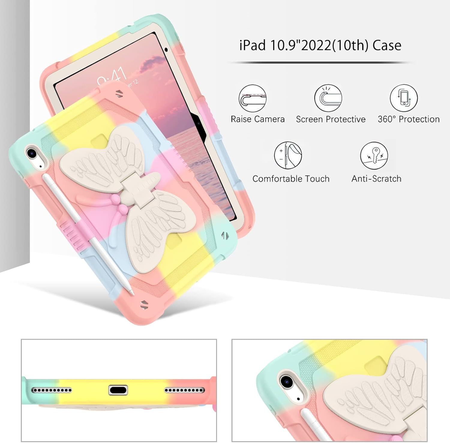 DUEDUE Ipad(A16) 11Th Generation 11 Inch 2025 Case, Ipad 10Th Generation 10.9 Inch 2022 Case, Butterfly Wings Kickstand Heavy Duty Shockproof Protective Tablet Case for Kids, Rainbow image number 2