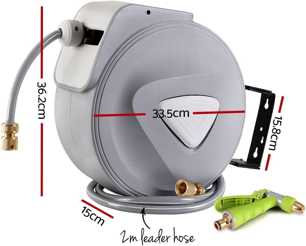 Retractable Hose Reel, 20M Garden Pressure Water Washer Spray Gun Auto Reels Hoselink Wall Watering Hoses Indoor Outdoor Retracting Storage, 180&deg; Swivel Mount Built-In Handle Rubber Stopper Grey image number 4
