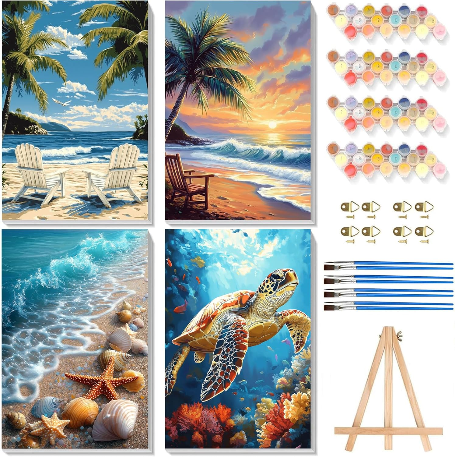 Pack of 4 Paint by Numbers Adults with Frame - Wooden Easel, Fruit Painting by Numbers for Beginners, DIY Simple Fruit Acrylic Oil Painting Kits with Brushes for Home Wall Decor, 20 X 30 Cm