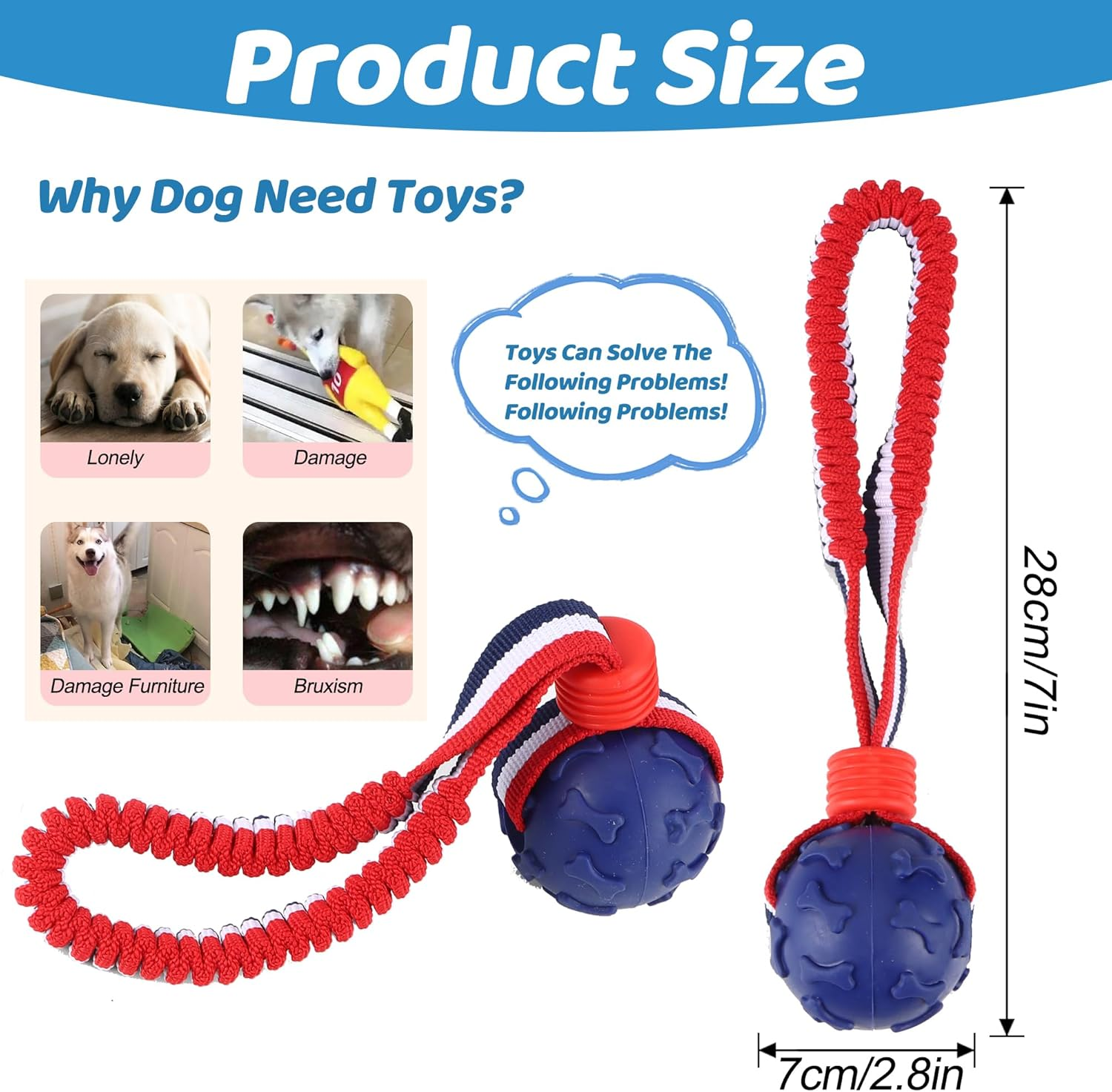 Yiliya Dog Ball on a Rope, 2 Pieces, Diameter 7 Cm, Interactive Natural Rubber Ball Dog for Fetching, Catching, Throwing and Pulling War, 30 Cm (Blue + Red) image number 6