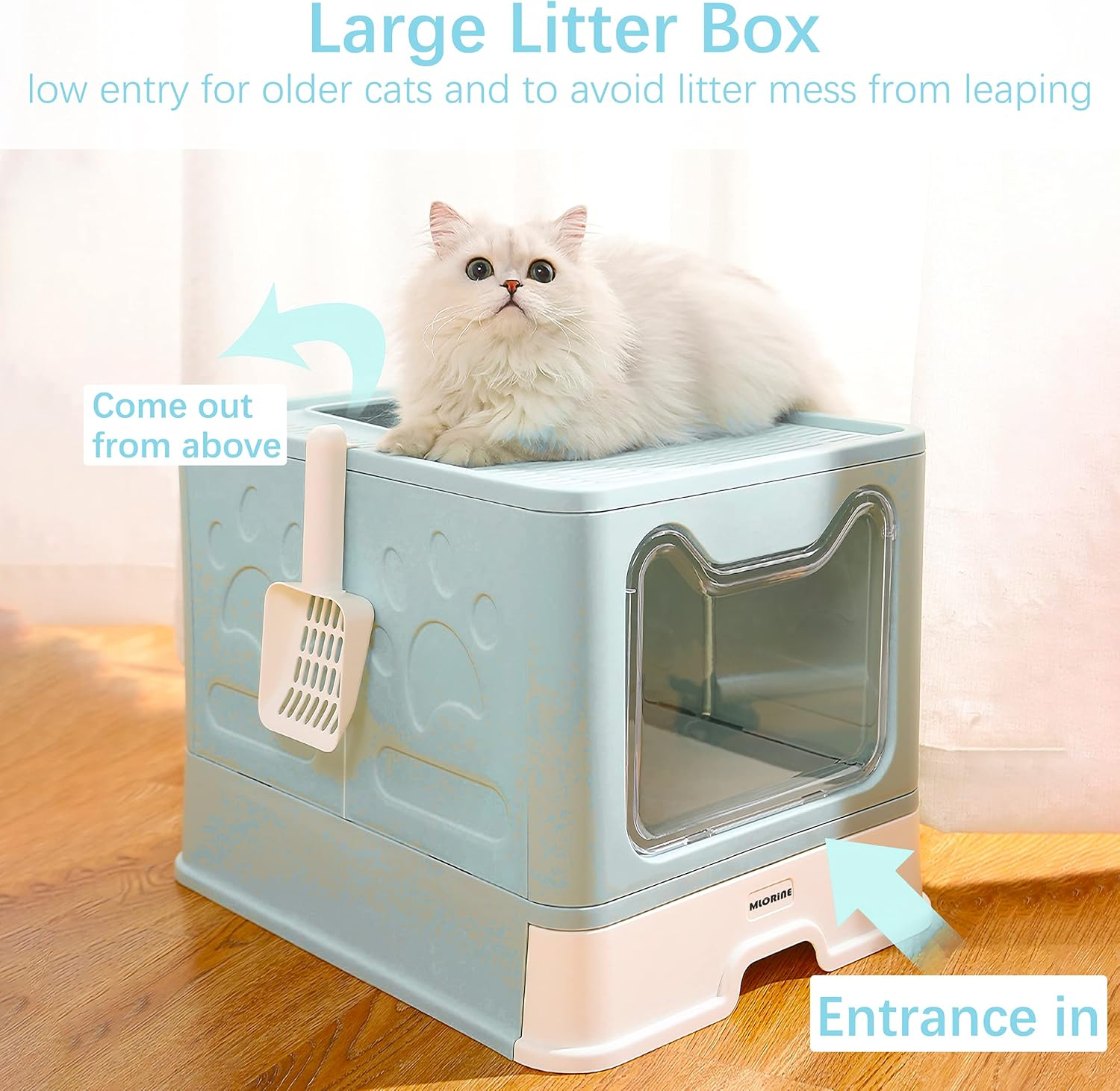 Cat Litter Box Large Pan - Foldable Top Exit Pet Boxes with Entry Lid, Plastic Cleaning Scoop,Cat Nail Clippers,Portable Cats Bowl (Blue)