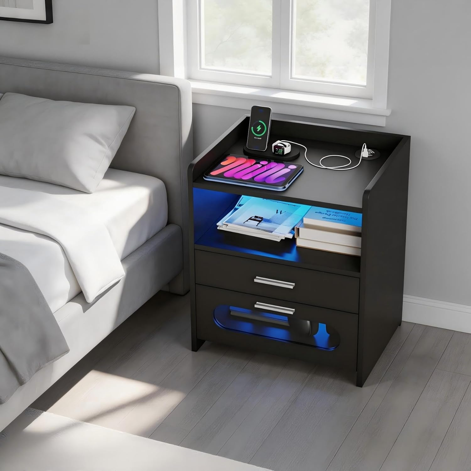 Advwin Bedside Table with 2 Drawers(1 Glass Visible), Large Nightstand with LED Light, Wireless Charging Station and USB Port for Bedroom Living Room, Black