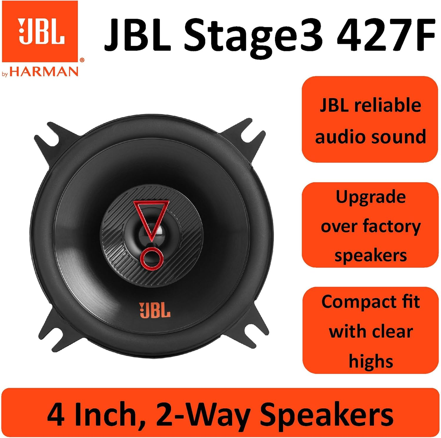 JBL Stage3 427F 2-Way Car Speaker Set by Harman Kardon - 150 Watt Car Speakers - 2 Pieces Car Hifi JBL Box Large 10 Cm - 100 Mm - 4 Inches without Grill Cover image number 2