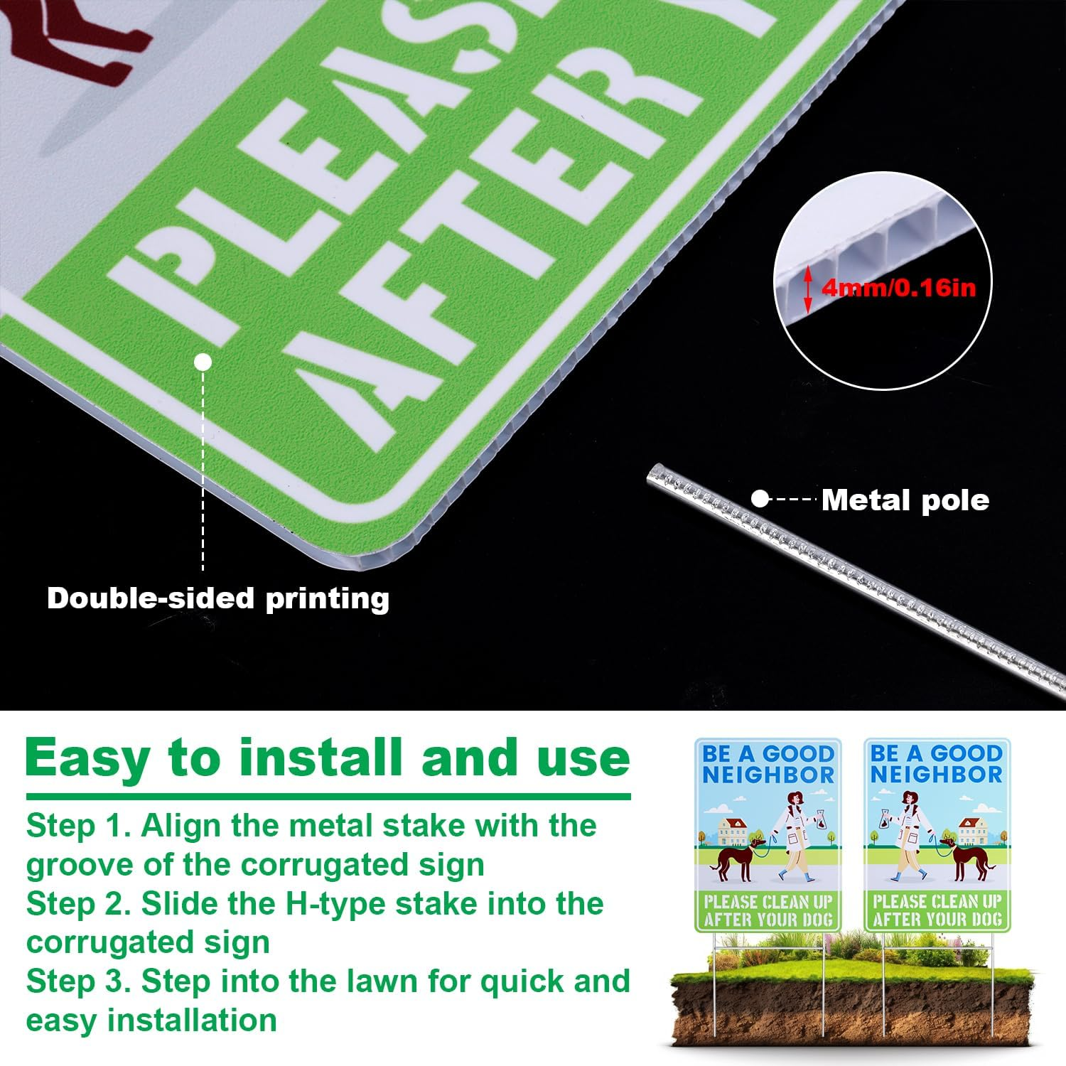 2Pcs Clean up after Your Dog Signs, 12X9In Double-Sided Printing No Dog Waste Signs for Yard Waterproof Windproof Pick up after Your Dog Signs Friendly Reminder Sign(Style 2) image number 4