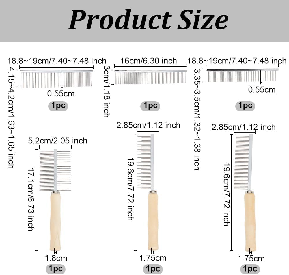 6Pcs Pet Stainless Steel Tooth Metal Combs Mixed Size Grooming Combs Set Double Sided Shedding Brush Professional Pet Dematting Combs with Wooden Handle for Dog Cat Hair Removing (Silvery, One Size)