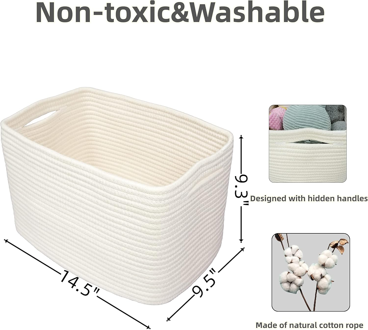 Cotton Rope Storage Basket Bins Woven Basket Organizing Shelves Rectangle Decor Storage Clothes Toy Book Towels Square Wicker Nursery Basket Organizer 3Pack White LBG-0001 14.5''X9.5''X9.3'' - Blue And White image number 4