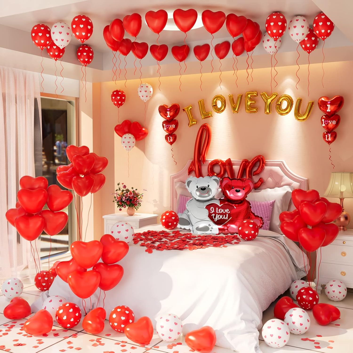 I Love You Balloons Love Red Foil Balloons Happy Valentine'S Day Banner with 1000Pcs Red Silk Rose Petals Flower Decoration Love-Bear Heart Print Latex Balloons for Valentine Day Party Decorations image number 6