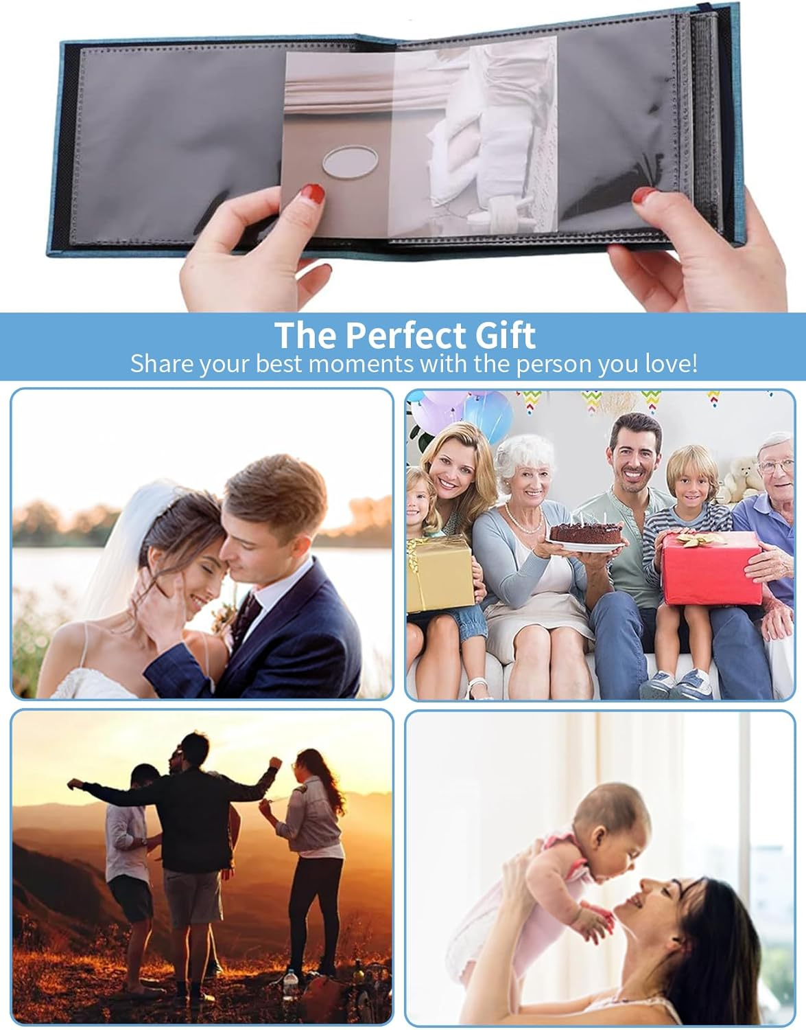 Mini Photo Album, 4X6Inch 100 Photos Pockets Linen Cover Scrapbook for Artwork Postcards Pictures Storage, Baby Tethered Picture Album Binder for Gifts, Small DIY Photos Books to Record Memories (BL)