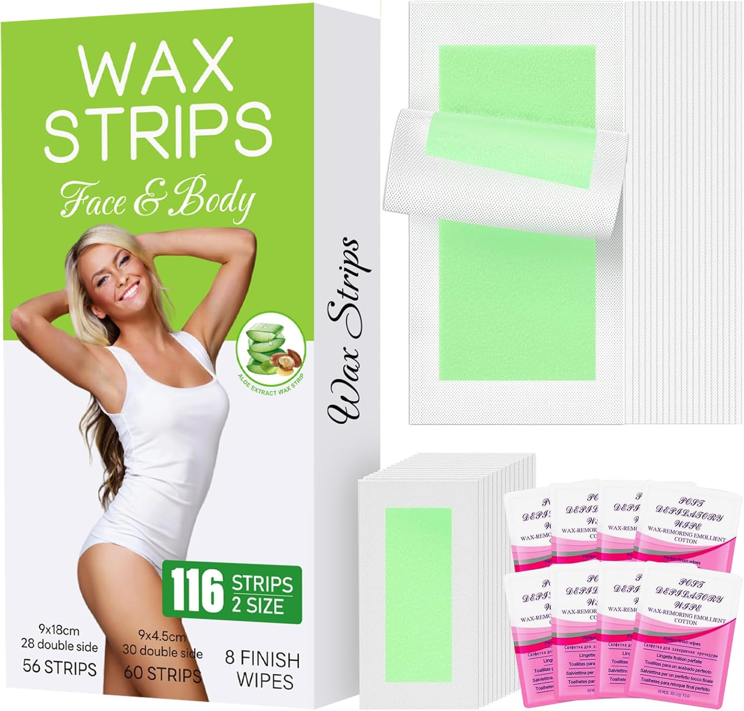 116PCS Wax Strips for Hair Removal, Facial Hair Removal for Women at Home Waxing Kit for Women Face and Body | 116 Waxing Strips & 8 Oil Wipes for All Skin Types image number 2