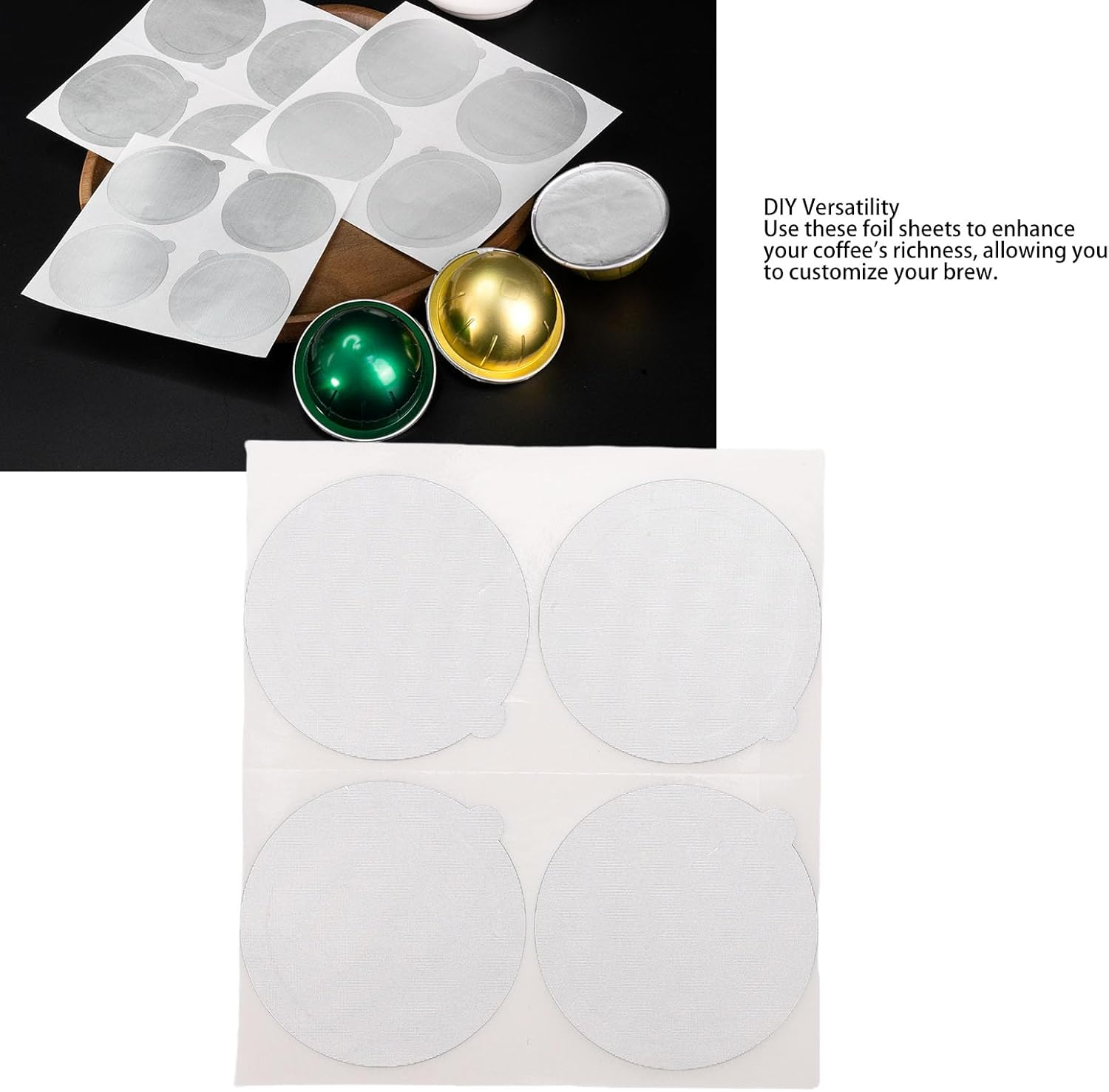 Generic 100Pcs Aluminum Foil Seals, Reusable Self Adhesive Coffee Pod Covers, Compatible with Nespre Original Line Machines for Reusable Refillable Espresso Capsules and Tea Cans (62MM) - 62Mm image number 2