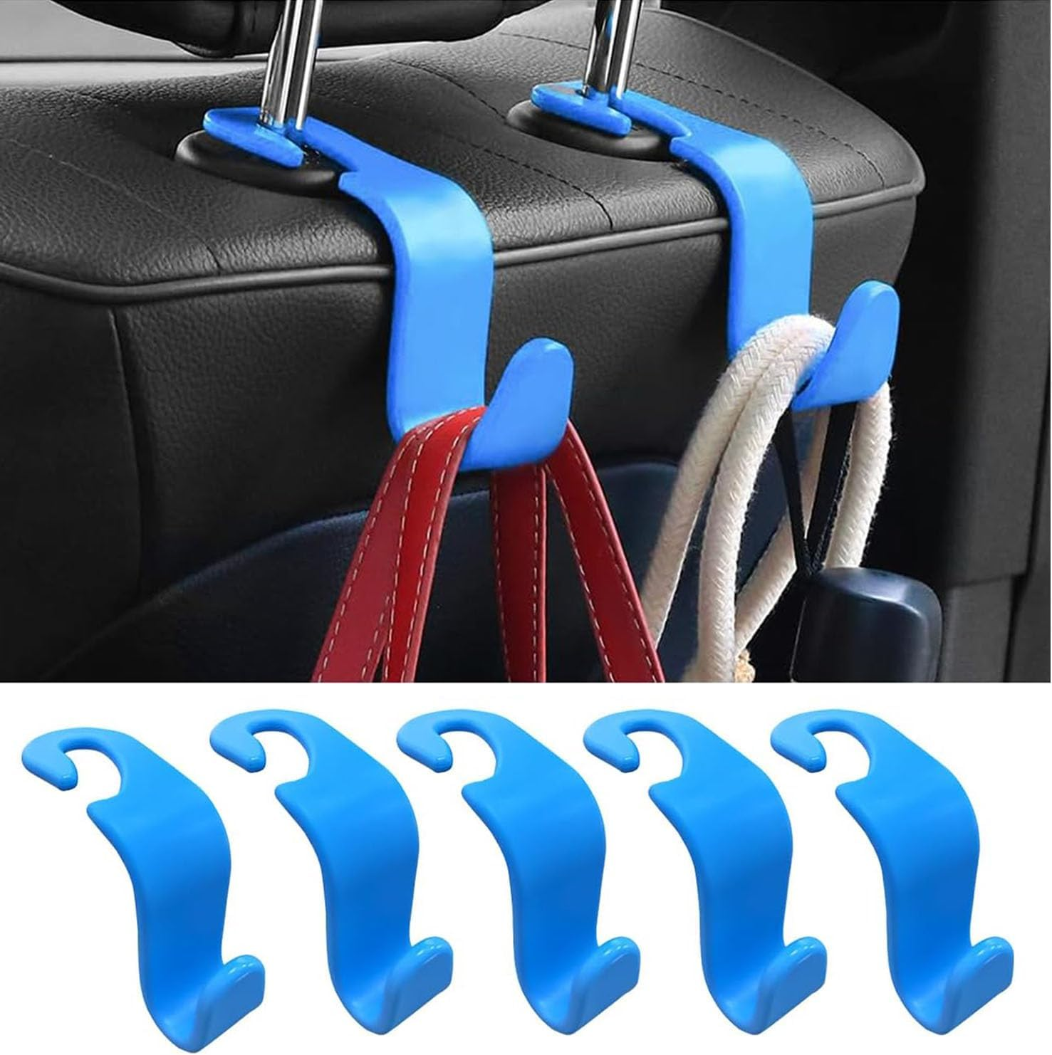 Car Seat Headrest Hook 5 Pack, Multifunctional Auto Seatback Hook Storage Organizer, Vehicle Seat Hanger Holder for Purse Coat Umbrella Grocery Bag, Interior Car Accessories (Blue)