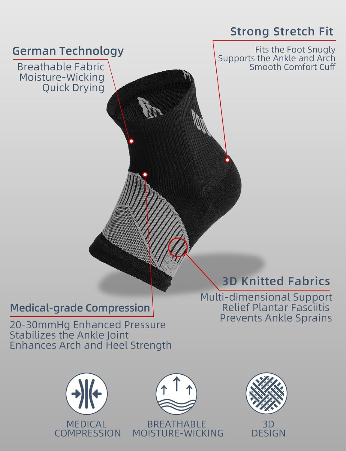 Rolxmed Ankle Support Brace Compression Sleeves for Plantar Fasciitis Neuropathy Relief Sport Socks for Men & Women (1Pair) (Black, L) image number 5