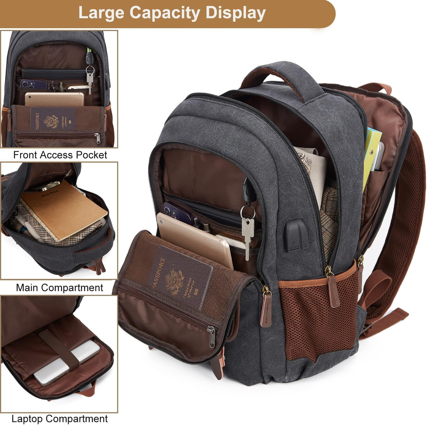 Canvas Travel Laptop Backpack for Men Women,Work Backpack Fits 15.6 Inch Laptop, Bookbag with USB Charging Port image number 1