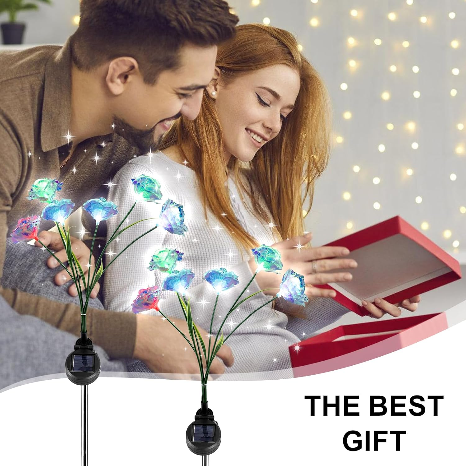 Pack of 2 LED Solar Lights Flower, Rose Petal Solar Garden Lights for Outdoor Garden, IP65 Waterproof Swinging Solar Garden Lights for Yard, Patio, Walkway Decoration