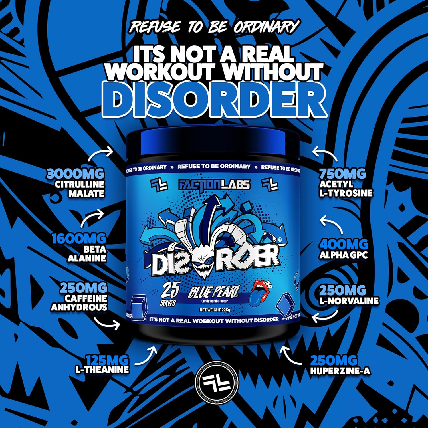 Faction Labs Disorder Original Pre Workout Powder, Blue Pearl, Sugar Free Caffeinated Gym Supplement, 25 Serves, 225G image number 3