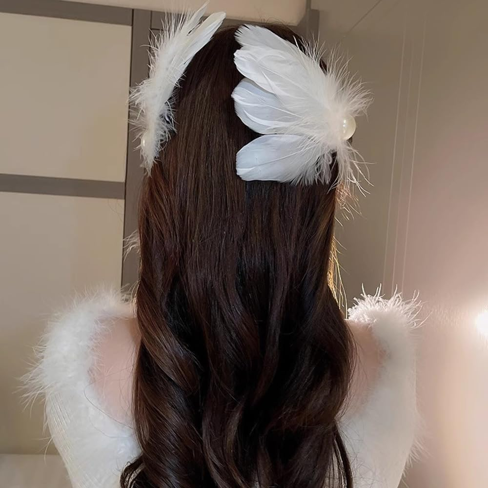 2 Pcs Feather Hair Clips for Women,White Swan Feather Hairpins Hair Piece Headpiece for Brides Fly-Wing Hair Barrettes Accessory for Girls Wedding Valentine Birthday Christmas Costume Stage Performance