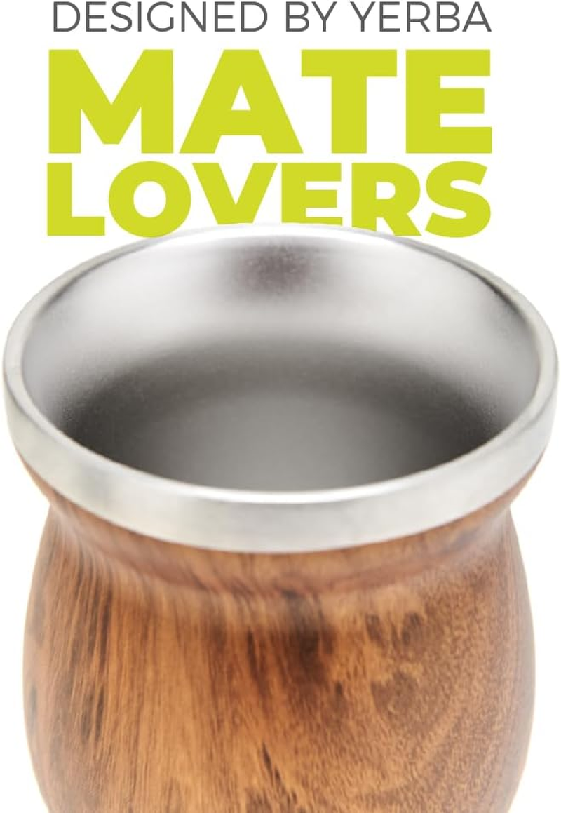 BALIBETOV Mate Cup and Bombilla Set - Yerba Mate Set Includes One Yerba Mate Cup, Two Bombilla Mate (Straw) and Brush - Stainless Steel Double-Wall | Easy to Clean Yerba Mate Gourd (Wood)