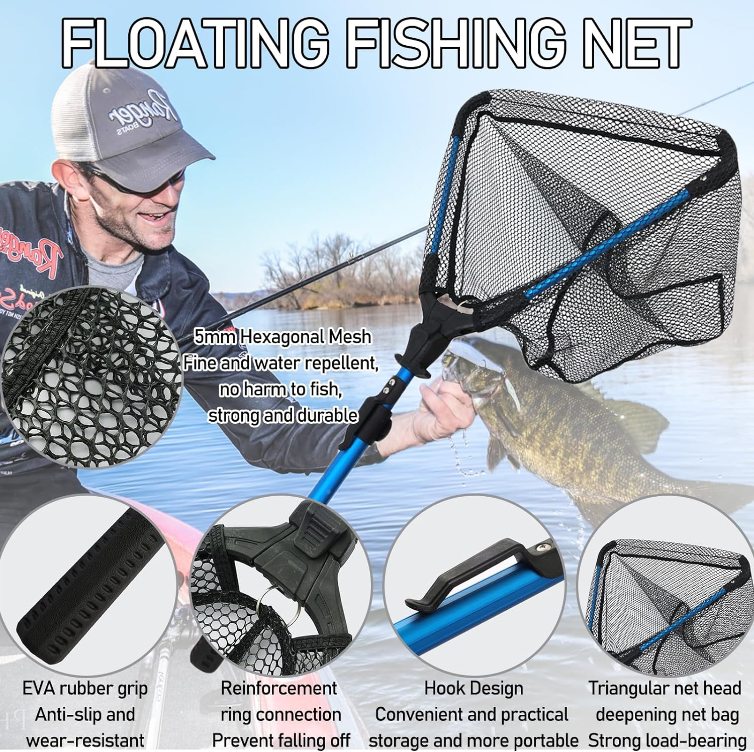 Uandhome Fishing Net, Foldable Collapsible Telescopic Fish Landing Net Rubber Coated Floating Fishing Net for Steelhead, Salmon, Fly, Kayak, Catfish, Bass, Trout Fishing, Extend to 73-92CM image number 4
