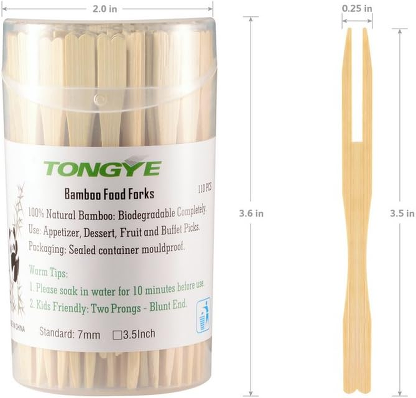 TONGYE Bamboo Forks 3.5 Inch, Mini Food Picks Party, Banquet, Buffet, Catering Daily Life. Two Prongs - Blunt End Toothpicks Appetizer, Cocktail, Fruit, Pastry, Dessert. (110 PCS)