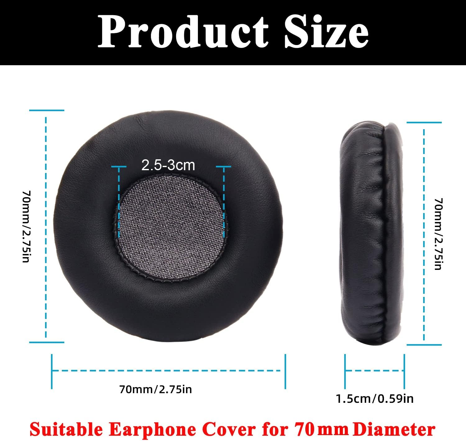 Yizhet 1 Pair 70 Mm round Replacement Faux Leather Ear Pads Compatible with Sony MDR Headphones (Diameter 70 Mm, Black) image number 5