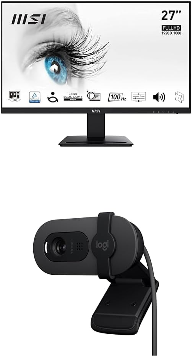 MSI PRO MP273A 27" Eye Care Ergonomic Business Computer Monitor, FHD 1920X1080, IPS, Frameless, 100H & Logitech Brio 100 Full HD Webcam Bundle