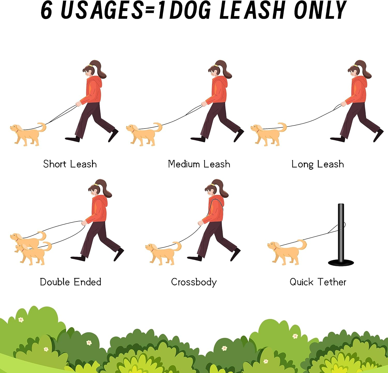 Dog Lead 3 Metres Adjustable with 2 Carabiners - Nylon Double Exercise Lead for Large, Medium, and Small Dogs - Black image number 2