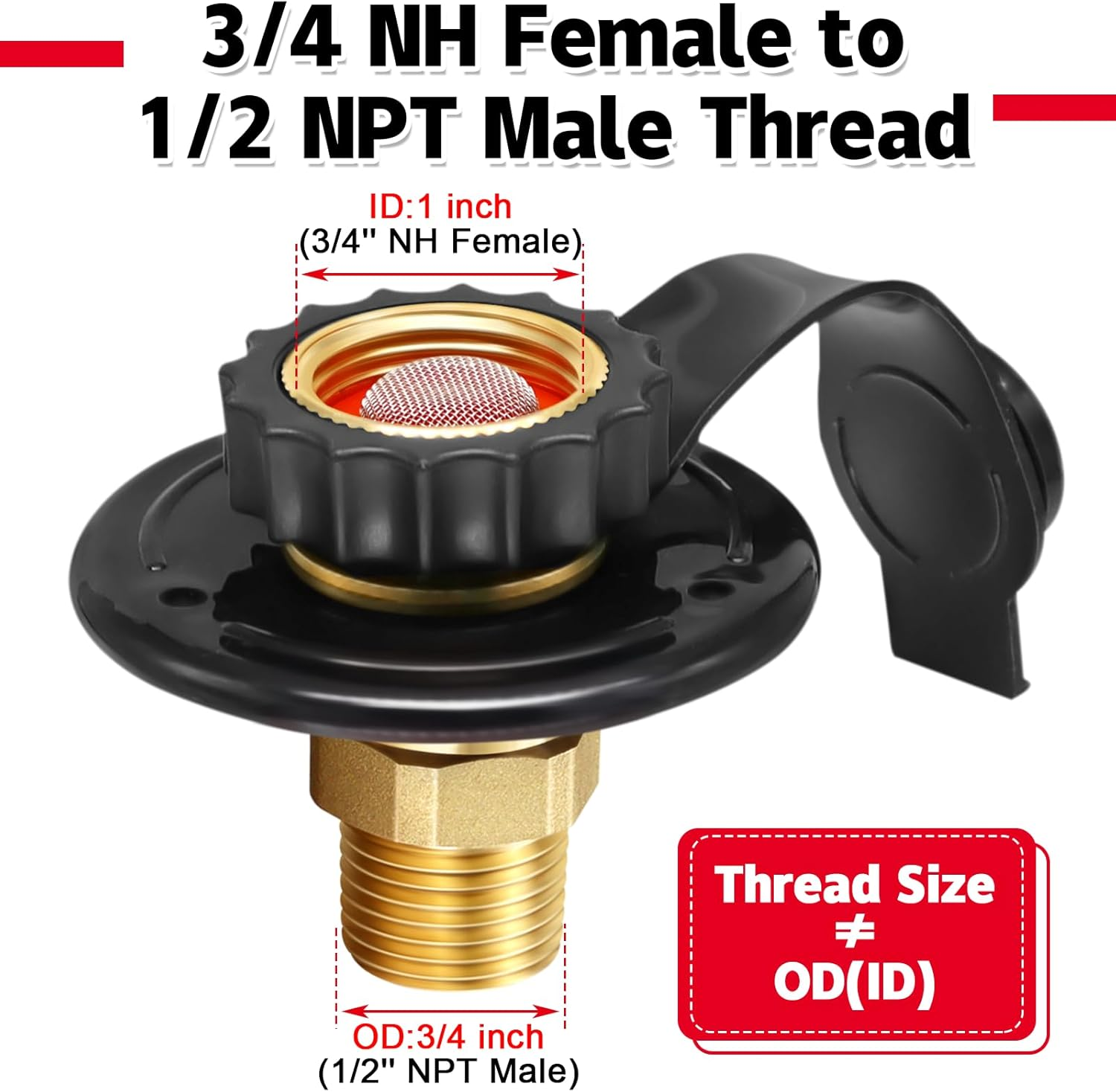 RV City Water Inlet with Check Valve, 3/4 NH Female to 1/2 NPT Male Black Flange RV Fresh Water Inlet, Lead-Free Brass RV Water Connection Inlet with Dust Plug for RV Camper Motorhome Trailer Marine image number 6