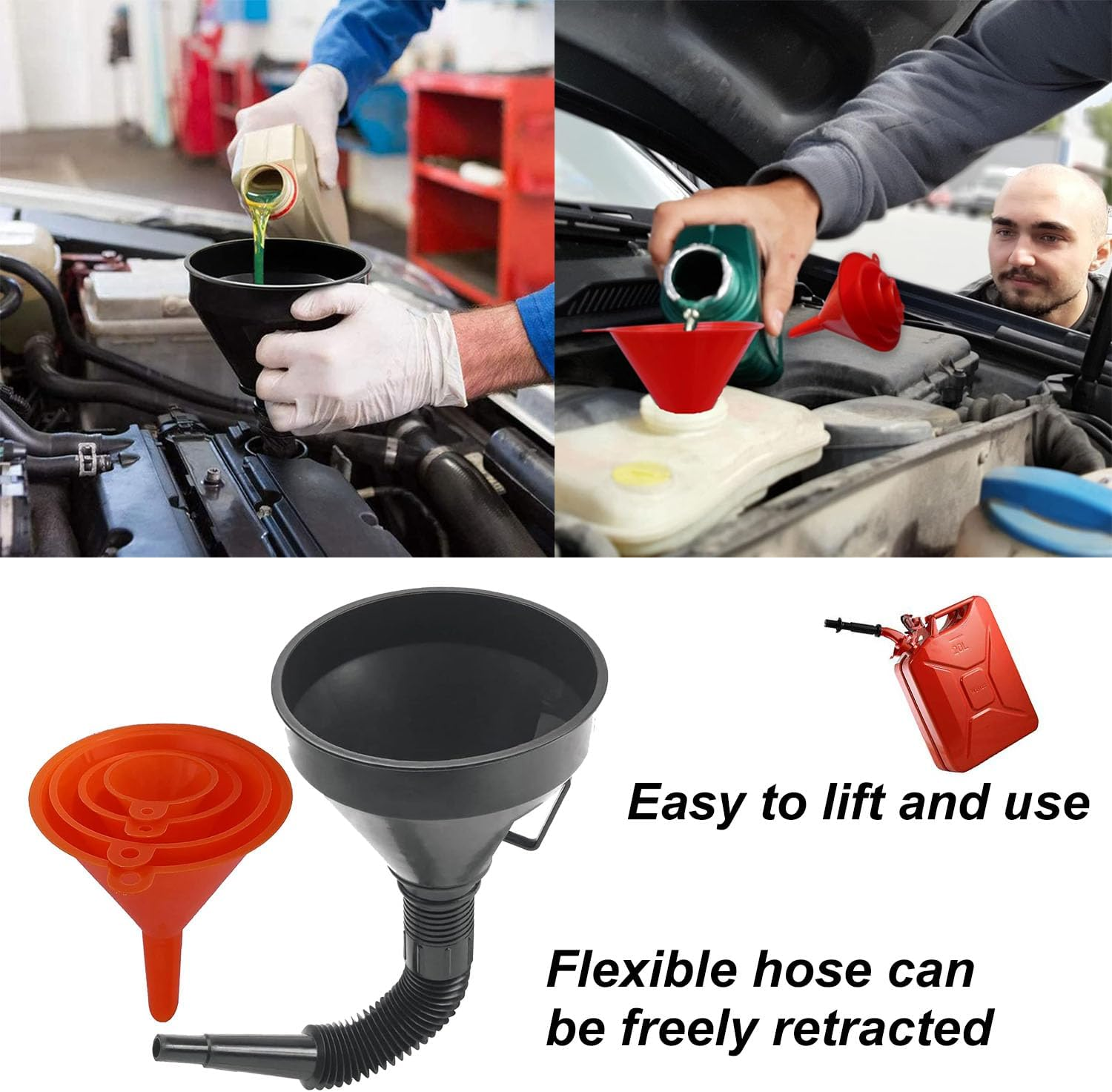 5 Pcs Plastic Fuel Funnels for Automotive Use, Wide Mouth Flexible Oil Funnel with Hose for Gas Transfer image number 3