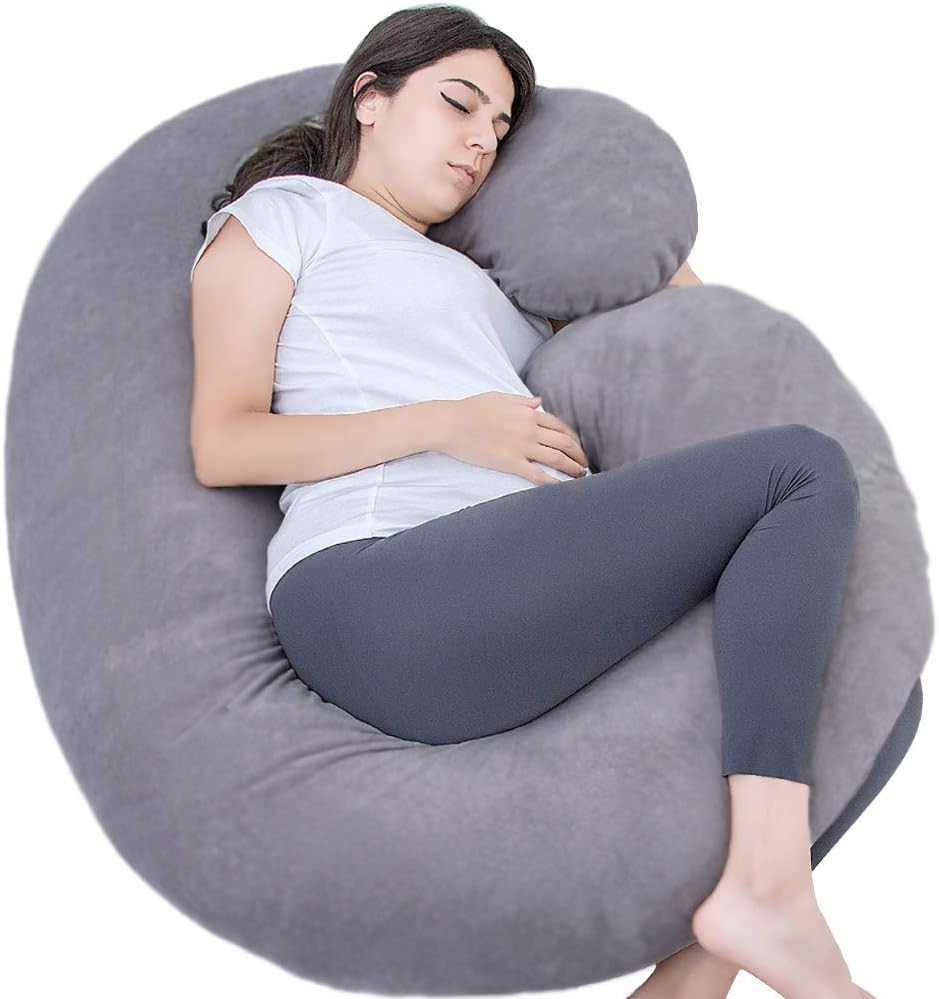 Pregnancy Pillow, C Shaped Full Body Pillow for Maternity Support, Pregnant Women Sleeping Pillow with Velvet Cover (Dark Grey)
