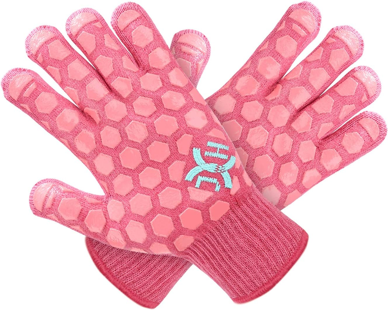J H Heat Resistant Oven Mitts: EN407 Certified 932 &deg;F, 2 Layers Silicone Coating, BBQ & Oven Gloves for Cooking, Kitchen, Fireplace, Grilling (Women Fits All, Coral Shell with Turquoise/Pink Coating)