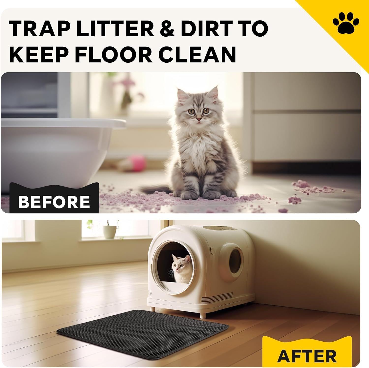 Baytion Cat Litter Mat, Litter Tray Mat 60 X 44 Cm for Cat Litter Box and Cat Toilet, Double Layer Trapping Mat, Big Honeycomb Holes, Waterproof Urine Proof, EVA Material BPA Free (Black） image number 6