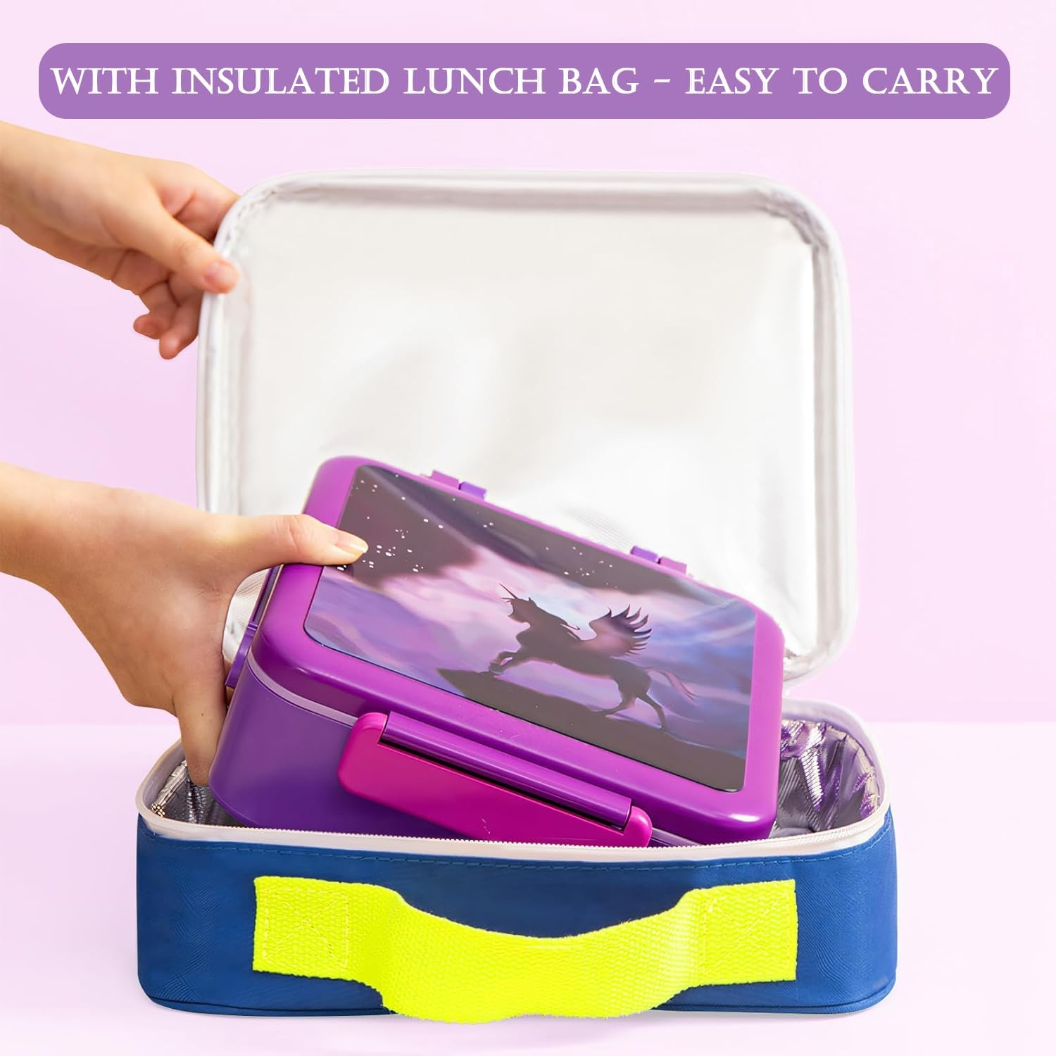 Bento Box for Kids & Adults, Insulated Leak-Proof Lunch Box with Insulated Food Jar for Hot Food, 4-Compartments Lunch Container with Cutlery and Snack Box for School Outdoors Office (Purple) image number 5