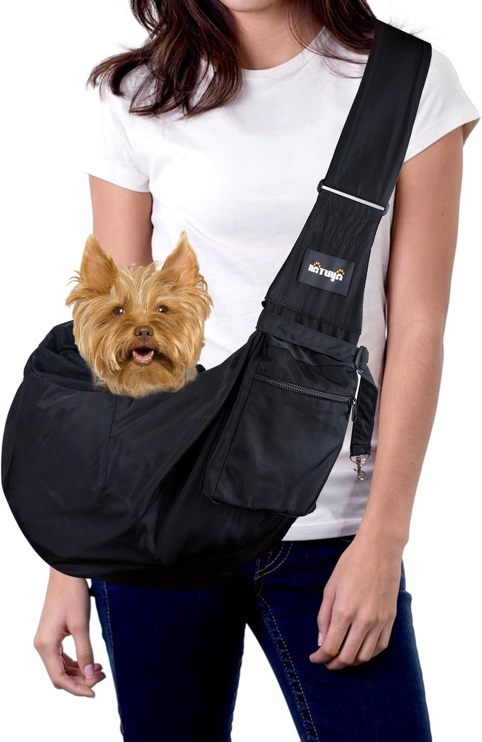 NATUYA Small Dog Carrier Sling Cat Sling-Dog Slings for Carrying Small Dogs-Adjustable Strap Hand Free Pet Puppy for Outdoor Traveling Subway (White, Canvas-Adjustable Strap)