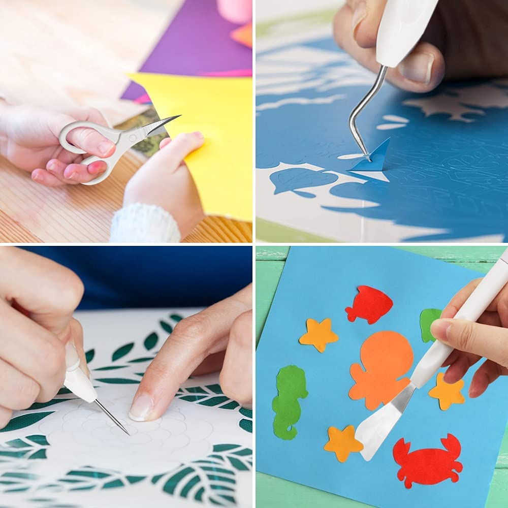 Weeding Tools for Vinyl, Finegood 8 PCS Weeding Tool Set Basic Craft Removal Kits Scissors Scraper Spatula Tweezers for Die Cut Cardstock Scrapbooking image number 4