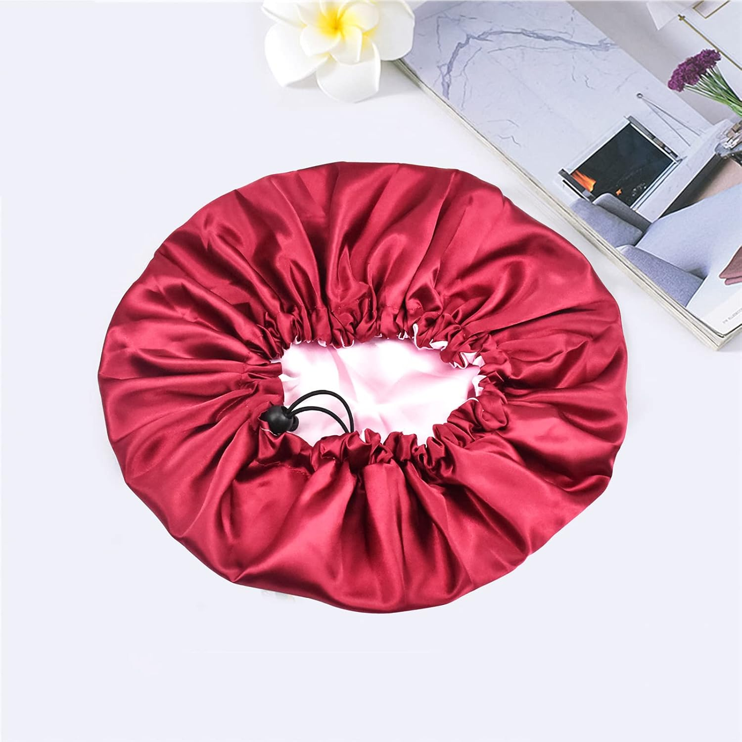 2 Pcs Satin Hair Bonnet Sleep Cap Night Hat Sleeping Head Cover with Elastic Wide Band for Women Girls for Braids Natural Long Hair, Curly Hair (Black & Wine Red) image number 1