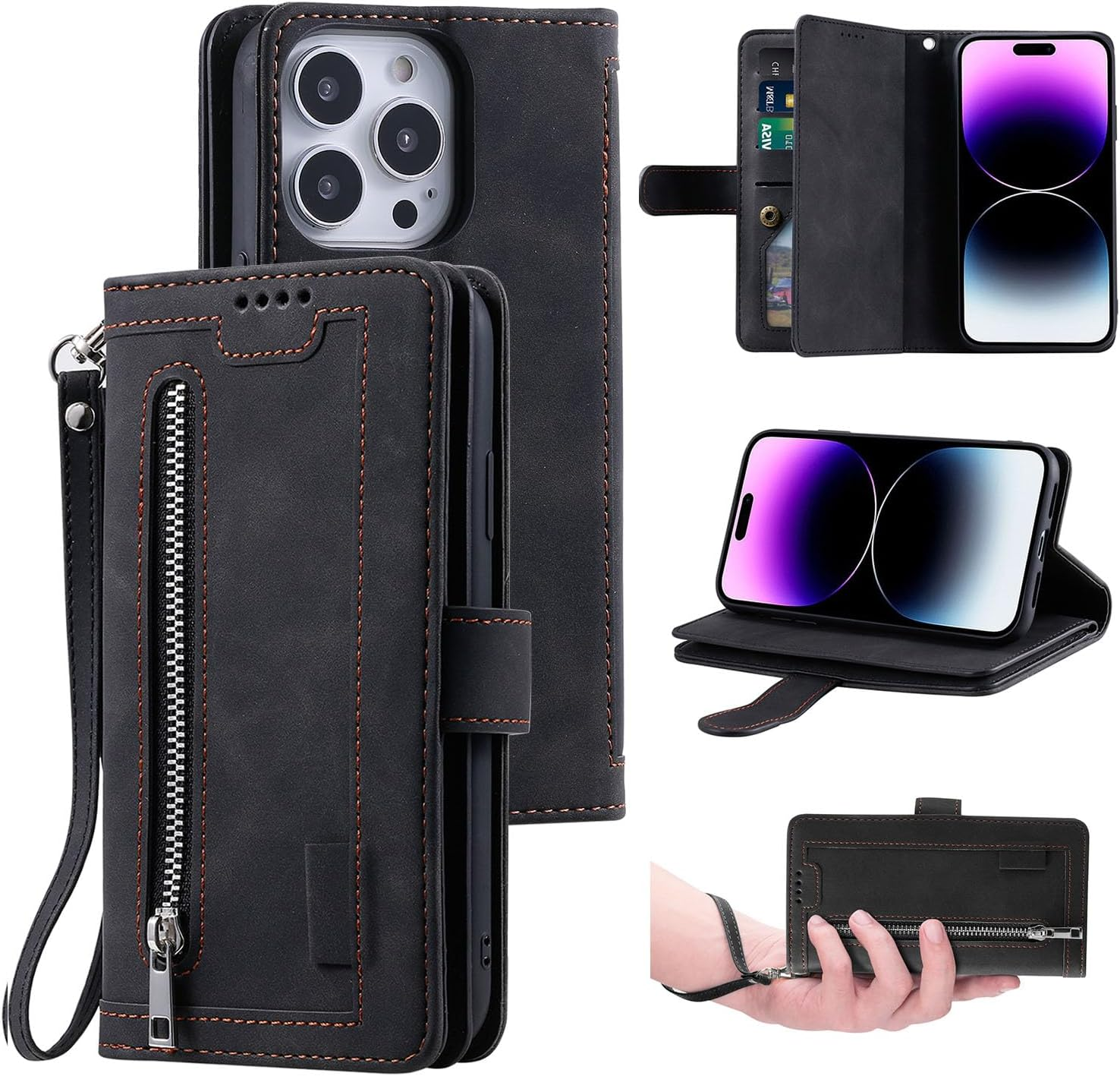 UEEBAI Wallet Case for Iphone 13, Retro 9 Card Holder Slots Zipper Pocket Handbag Case PU Leather Magnetic Closure Kickstand with Wrist Strap TPU Shockproof Flip Case - Blue